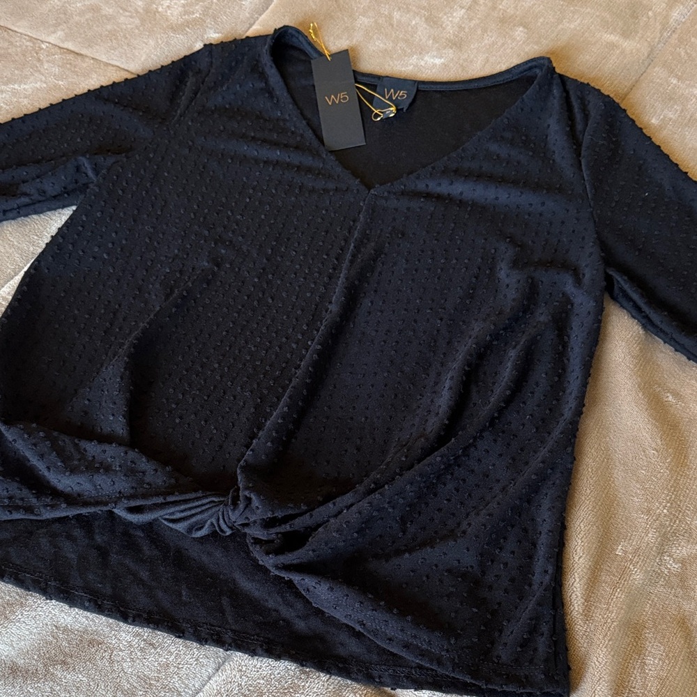 W5 Black V-Neck Knot-Front Textured Dot Blouse